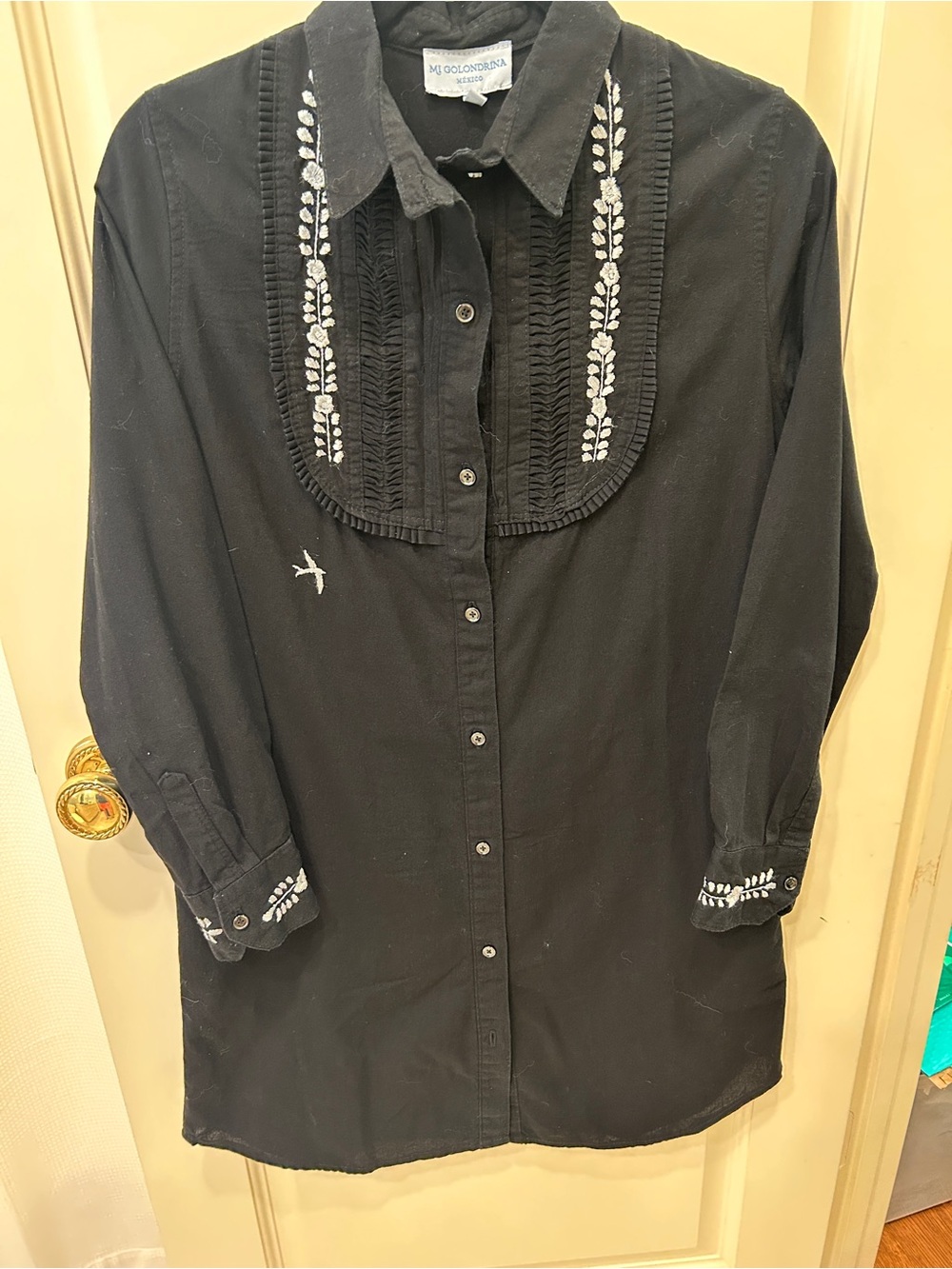 Mi Golondrina Black Embroidered Button-down Dress